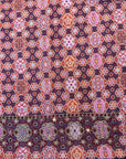 Premium printed cotton fabric displaying the burgundy medallion pattern of the Burgundy Medallion Cotton Mukhawar for custom tailoring by Gharza Couture.