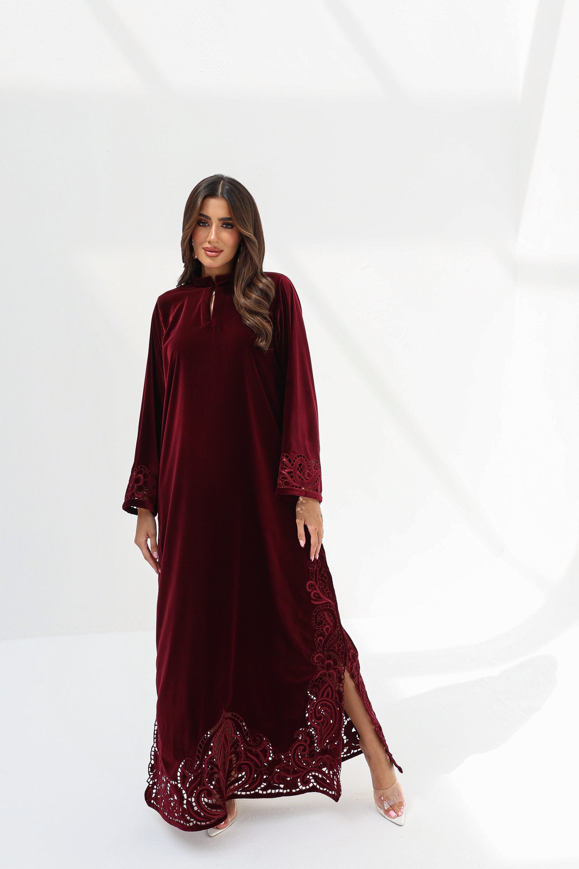  Full-length styled view of Burgundy Velvet Embroidered Jalabiya