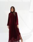  Full-length styled view of Burgundy Velvet Embroidered Jalabiya
