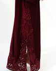 Side slit and embroidered hem detail of Burgundy Velvet Embroidered Jalabiya