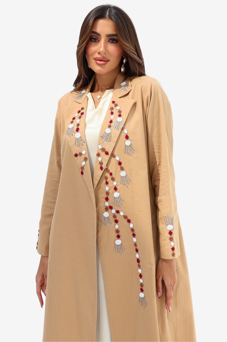 Camel Hand Embellished Linen Blend Abaya