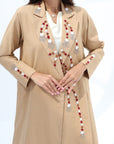 Camel Hand Embellished Abaya showing V-neckline, front detailing and embellished cuffs