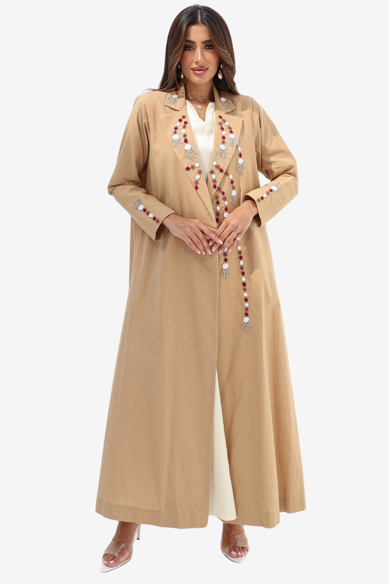 Camel Hand Embellished Linen Blend Abaya with colourful neckline and front detailing