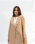 Camel linen blend abaya with colourful hand embellishments and long sleeves