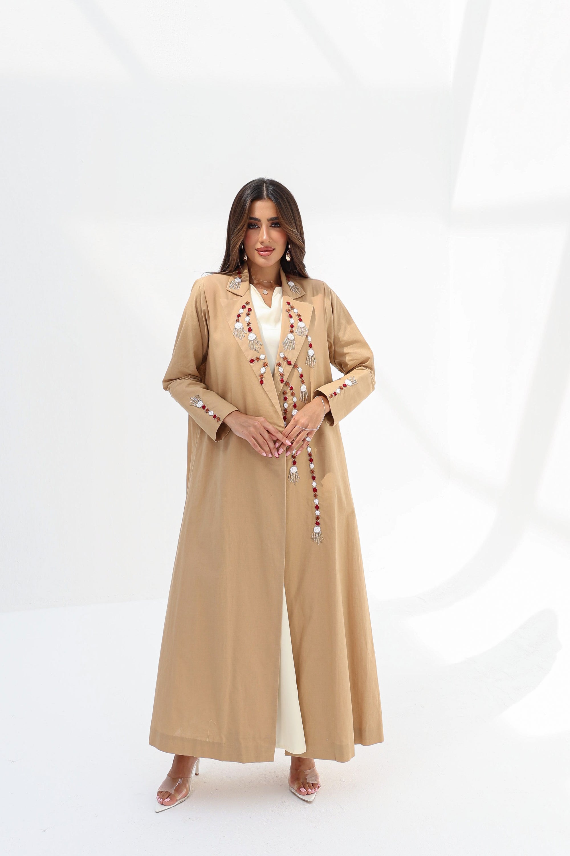 Full-length Camel Hand Embellished Linen Blend Abaya with flowing modest silhouette