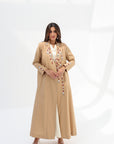 Full-length Camel Hand Embellished Linen Blend Abaya with flowing modest silhouette
