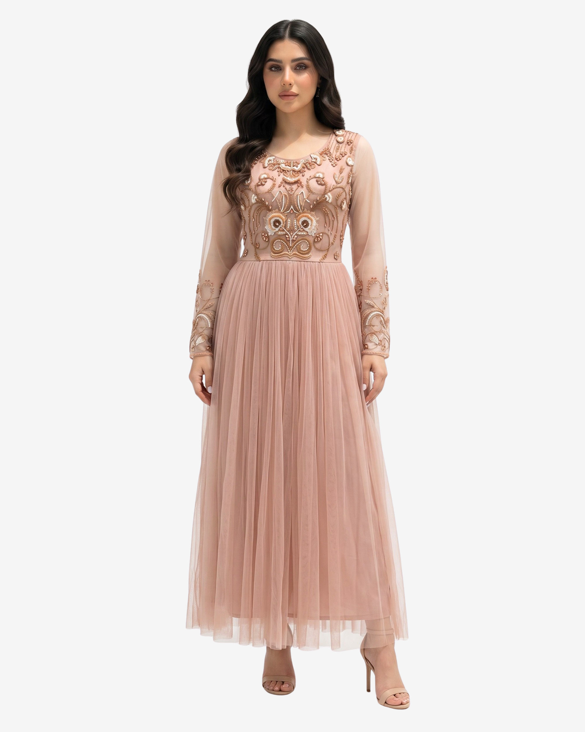 Celestial Bloom Hand Embellished Tulle Evening Dress in blush pink with intricate beadwork, sheer long sleeves, and a flowing pleated maxi silhouette by Gharza Couture.