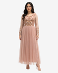 Celestial Bloom Hand Embellished Tulle Evening Dress in blush pink with intricate beadwork, sheer long sleeves, and a flowing pleated maxi silhouette by Gharza Couture.