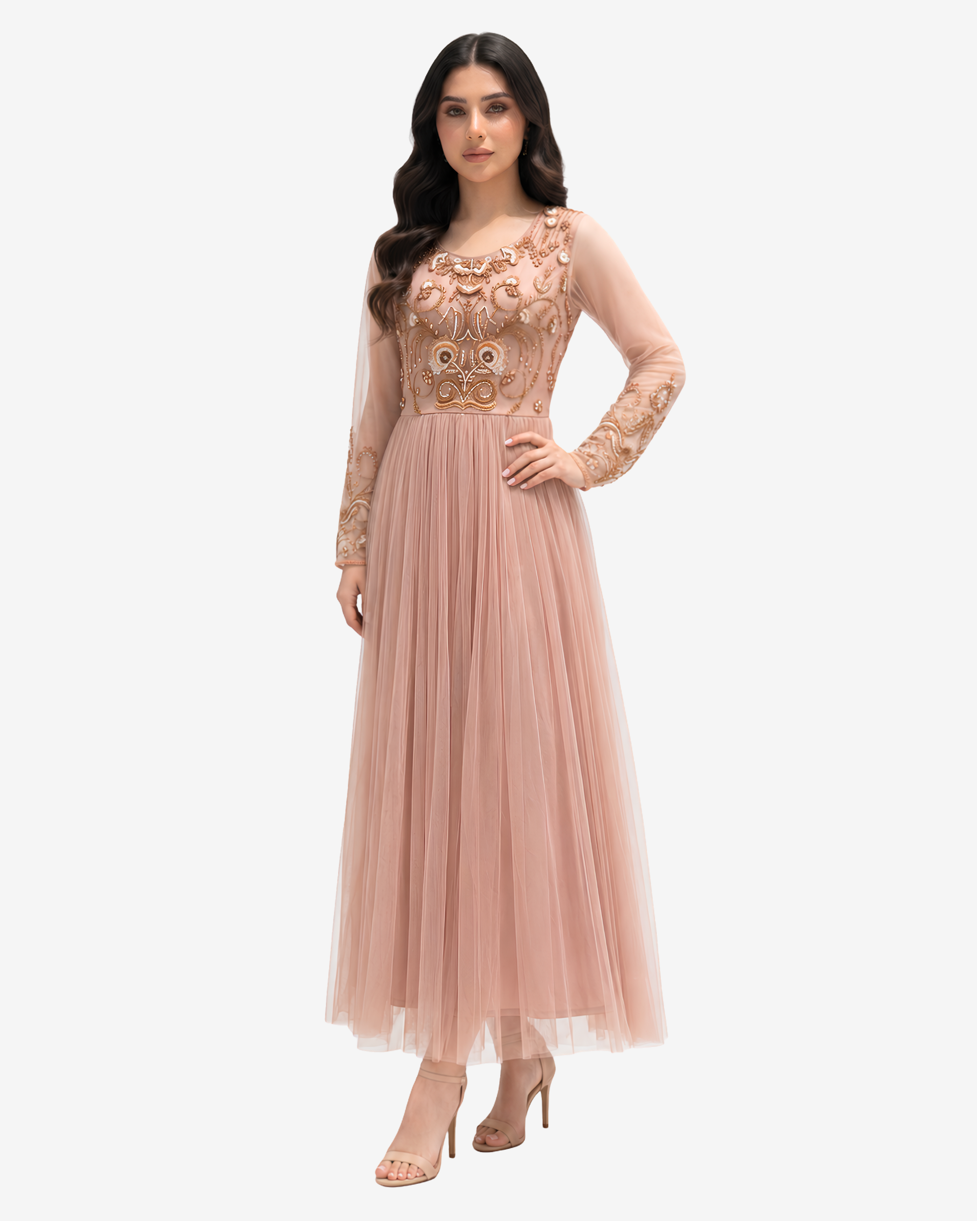 Side view of the Celestial Bloom blush pink hand embellished tulle evening dress with graceful pleated skirt by Gharza Couture.