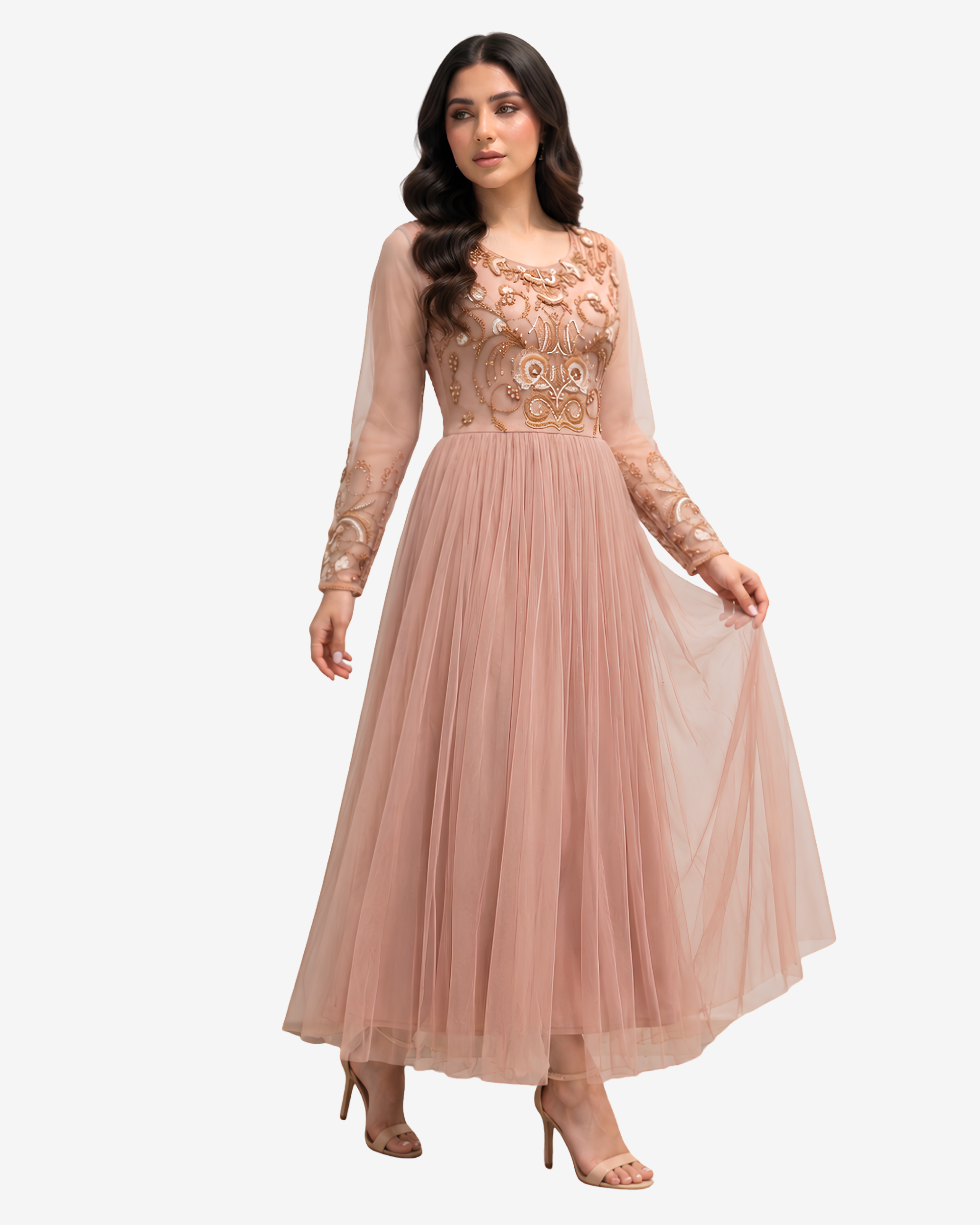 Full-length view of the Celestial Bloom Hand Embellished Blush Pink Tulle Evening Dress showcasing its flowing pleated skirt and elegant silhouette.