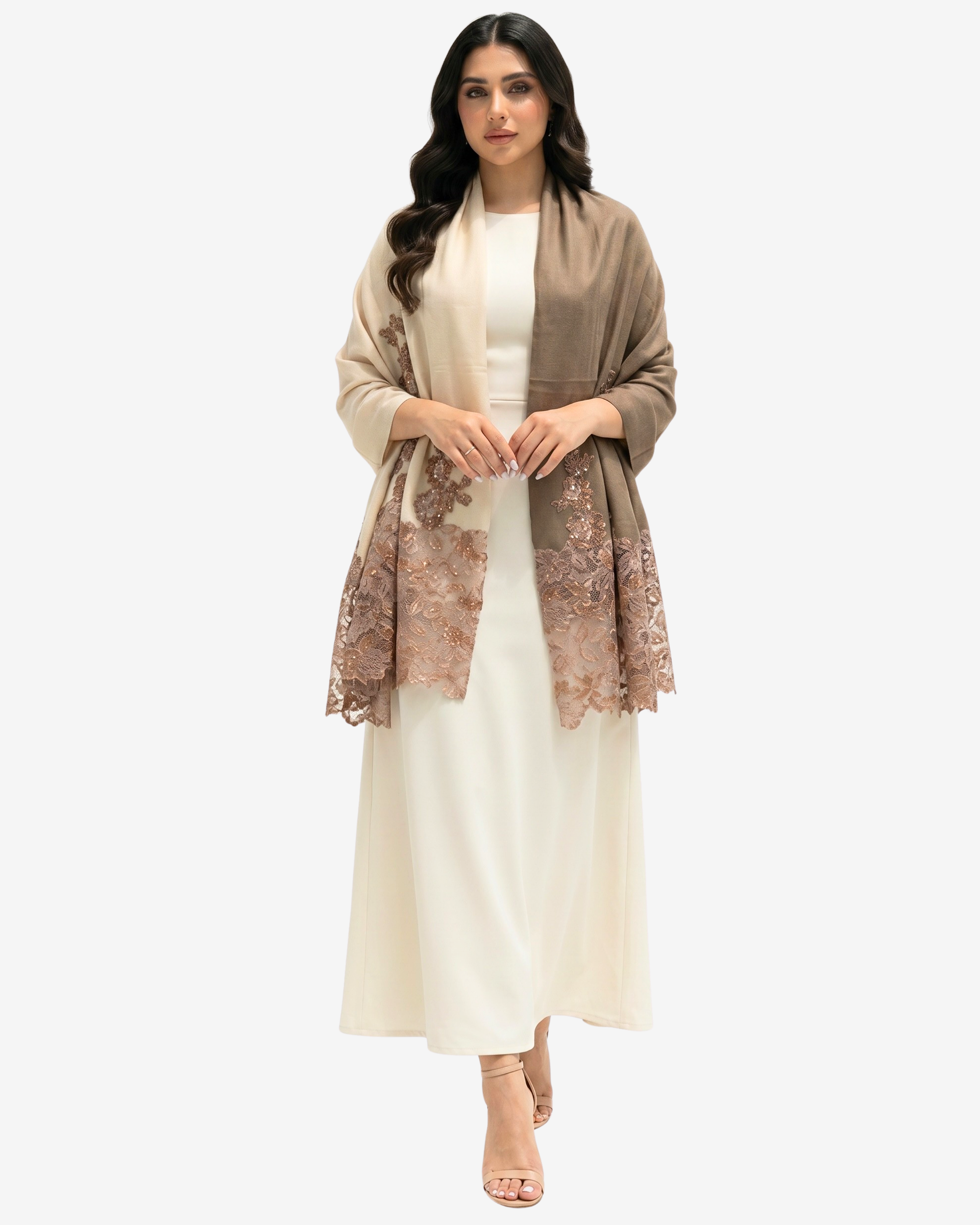A woman modeling a cream-colored dress with a taupe open-front cardigan featuring dusty rose floral lace panels, set against a plain light gray background.