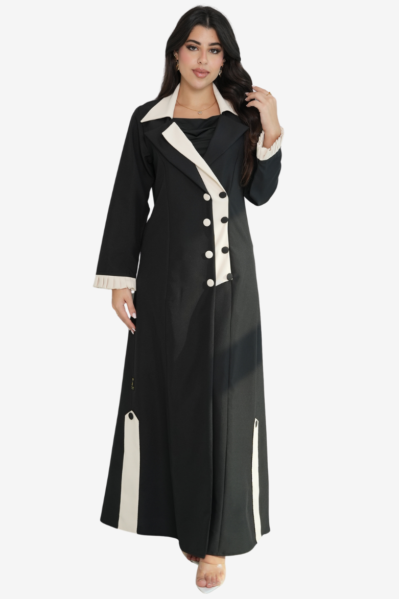 Front view of Contrast Lapel Abaya in black and ivory with contrast lapels by Gharza Couture