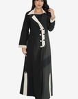 Front view of Contrast Lapel Abaya in black and ivory with contrast lapels by Gharza Couture