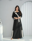 Full-length view of Contrast Lapel Abaya styled open with elegant contrast cuffs by Gharza Couture