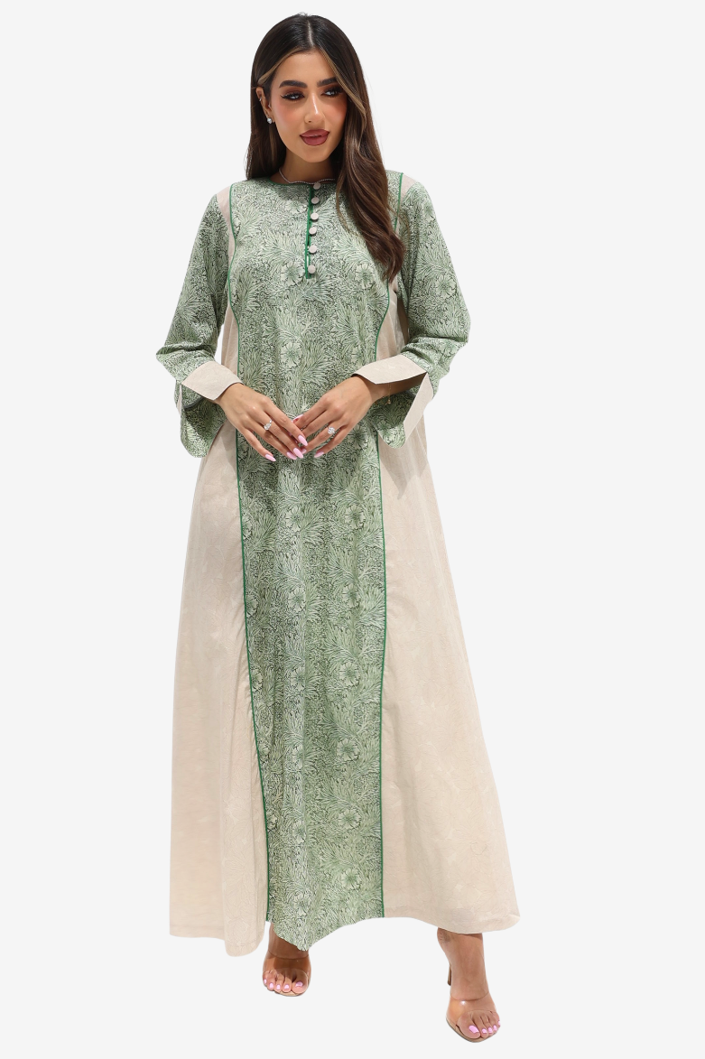 A woman modeling a long-sleeved green printed kurta with beige side panels and a matching beige dupatta, set against a plain light gray background.