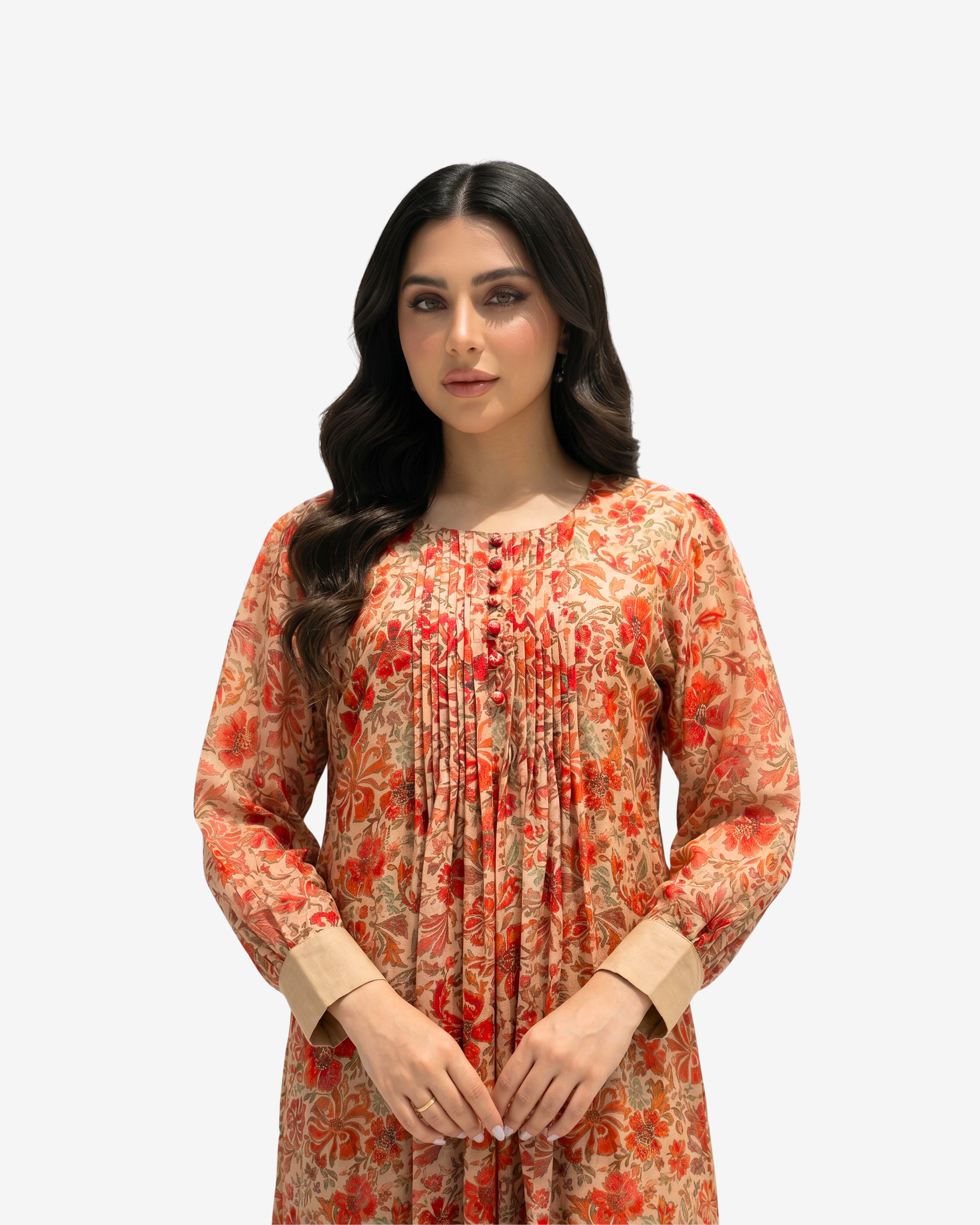 Close-up of the Coral Bloom Pleated Cotton Chiffon Dress highlighting the pleated bodice, decorative buttons, floral print, and chiffon fabric.