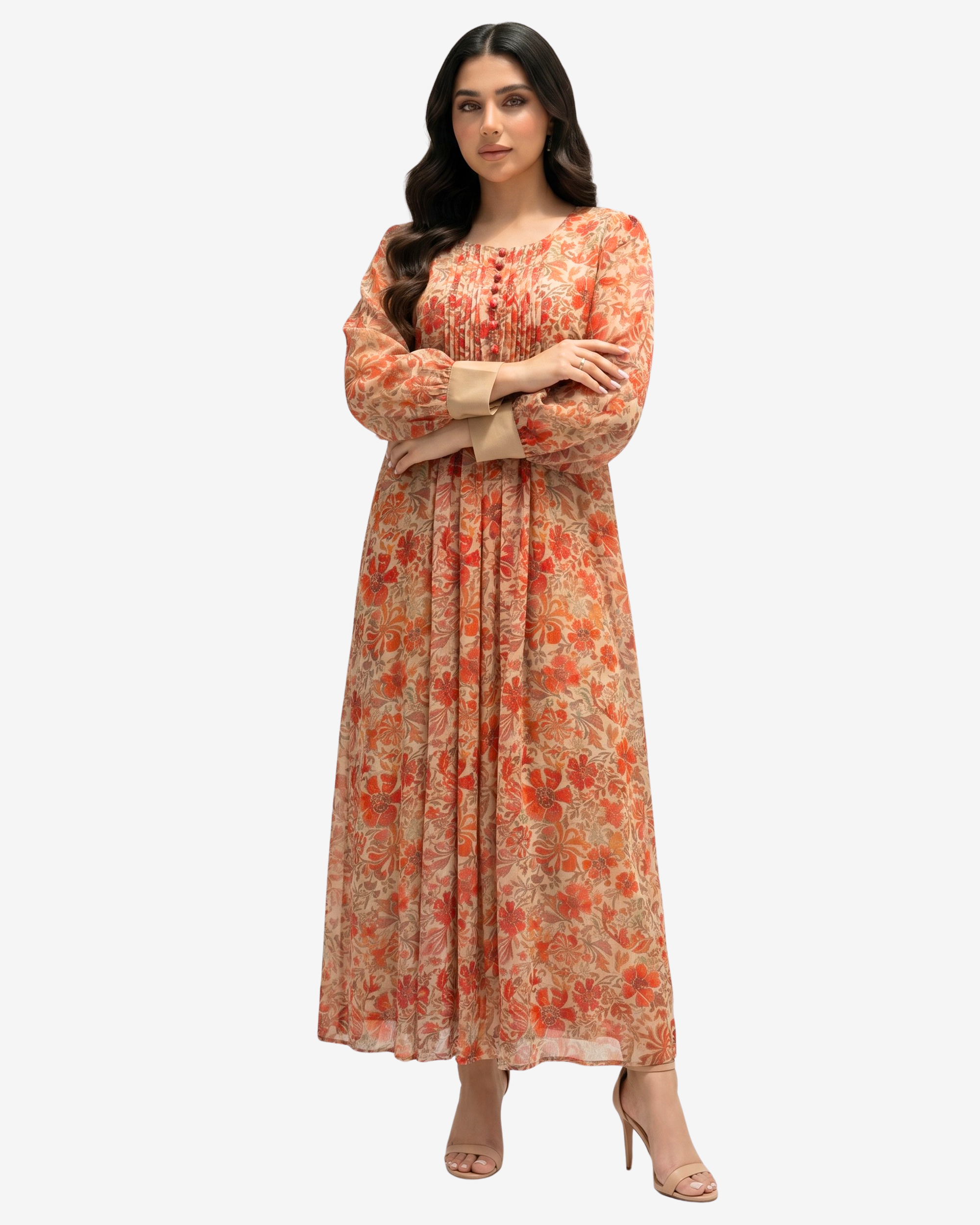 Luxury cotton chiffon dress with a pleated bodice, decorative button details, and a flowing full-length floral design.