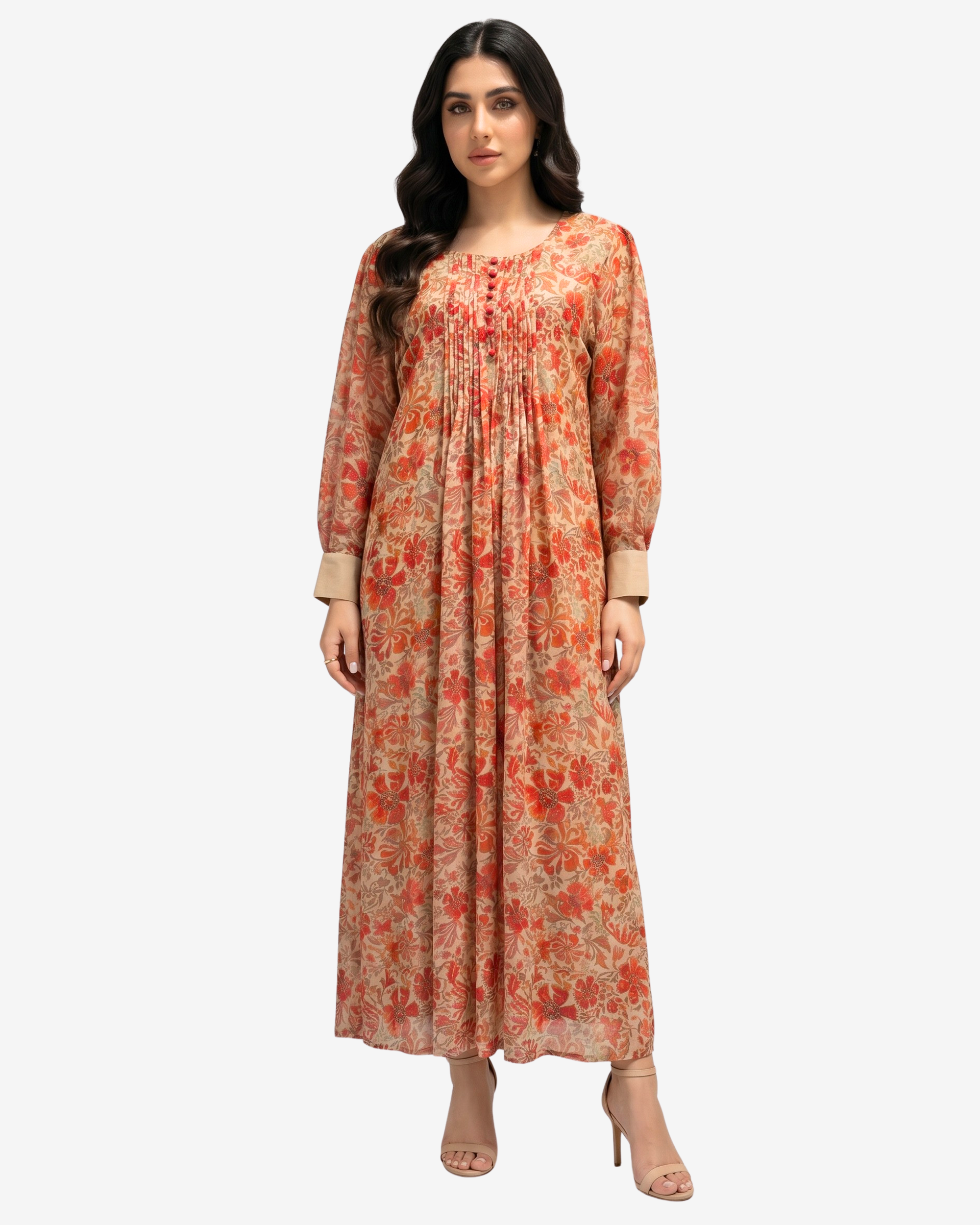 Coral Bloom Pleated Cotton Chiffon Dress by Gharza Couture featuring a full-length modest silhouette with an elegant floral print.