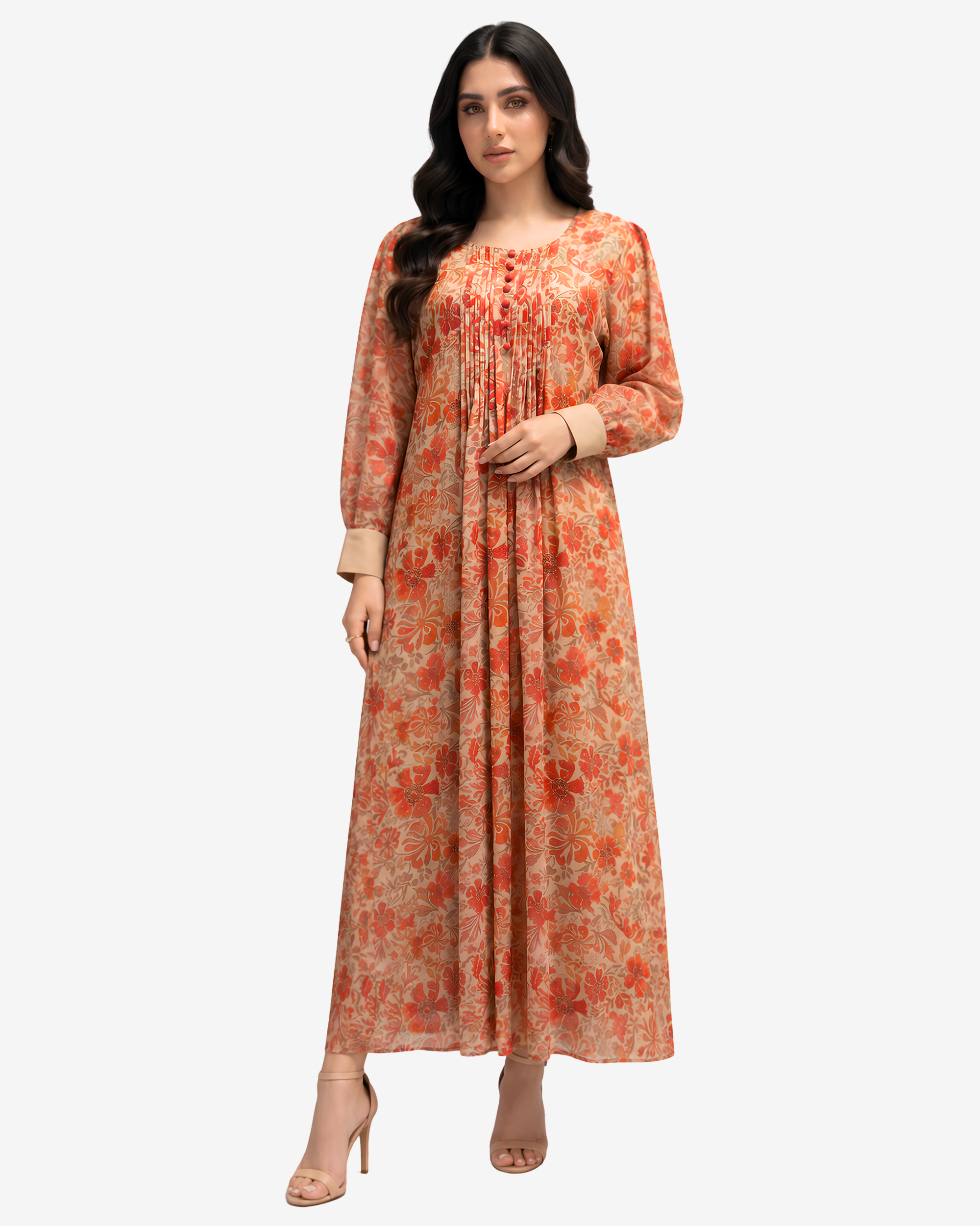 Full-length Coral Bloom Cotton Chiffon Dress featuring a soft cotton lining, chiffon overlay, pleated front, and floral print.