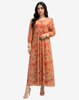 Full-length Coral Bloom Cotton Chiffon Dress featuring a soft cotton lining, chiffon overlay, pleated front, and floral print.