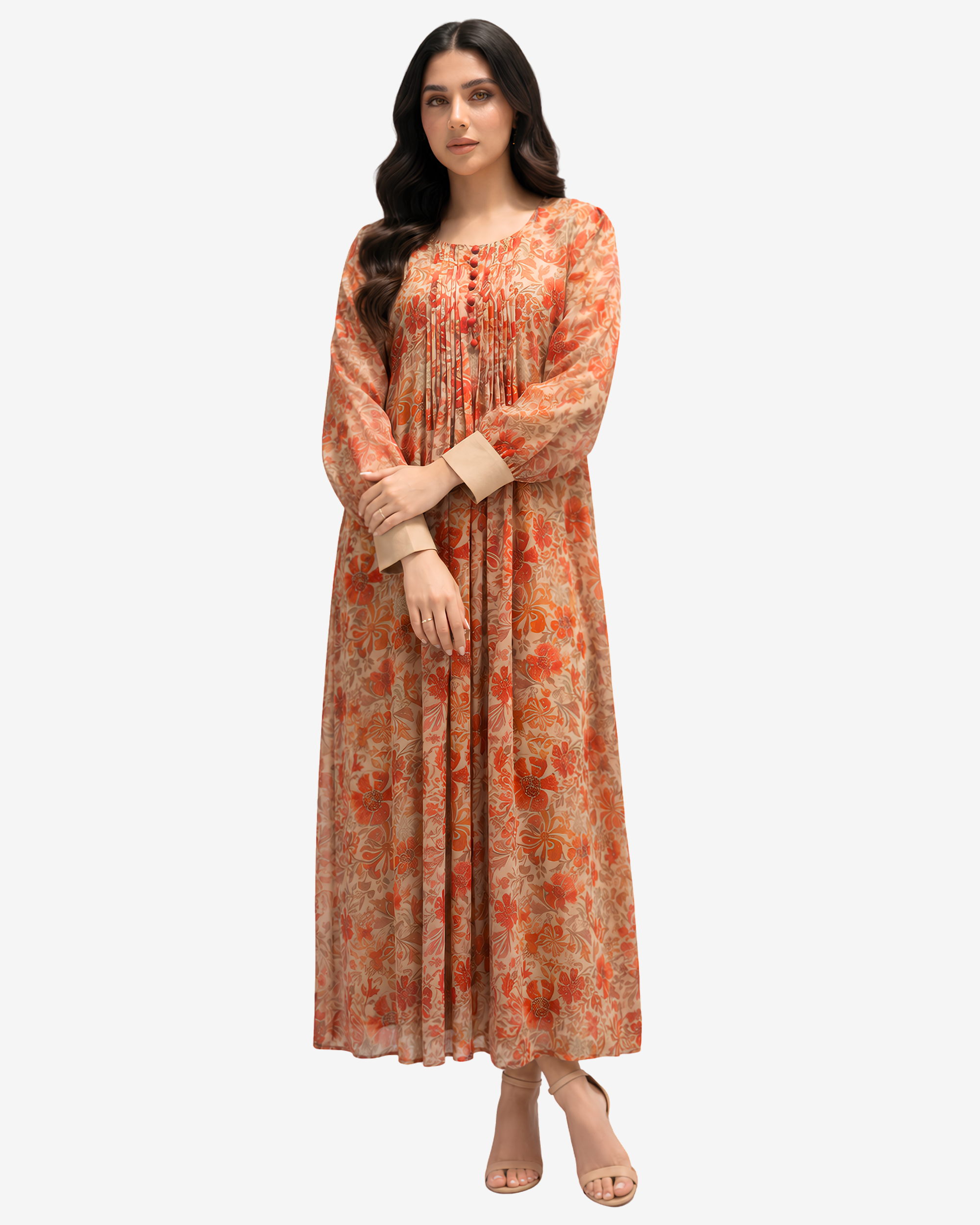 Close-up of the Coral Bloom Pleated Cotton Chiffon Dress highlighting the pleated bodice, decorative buttons, floral print, and chiffon fabric.