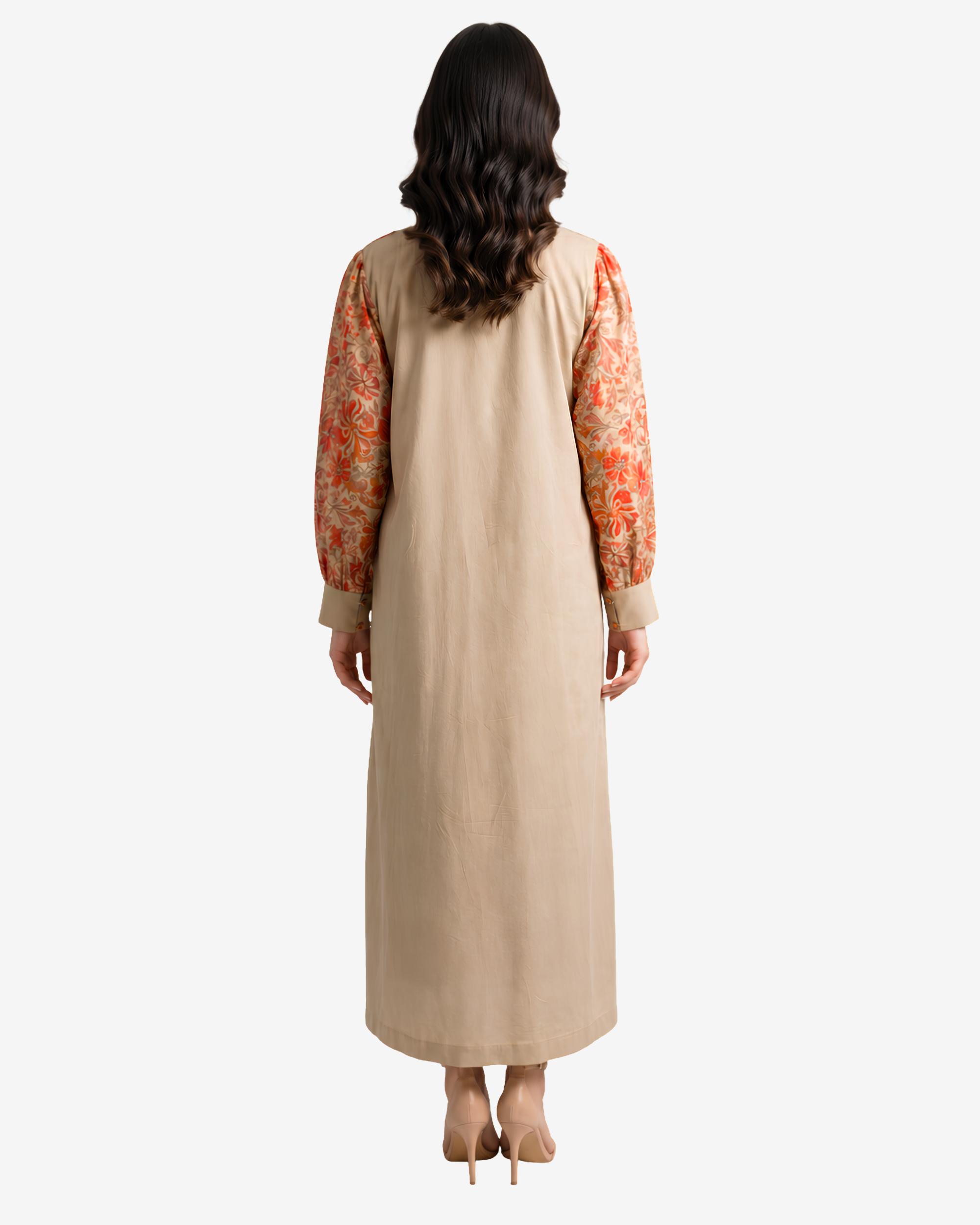 Back view of the Coral Bloom Pleated Cotton Chiffon Dress showcasing the contrasting cotton back panel and lightweight chiffon sleeves.