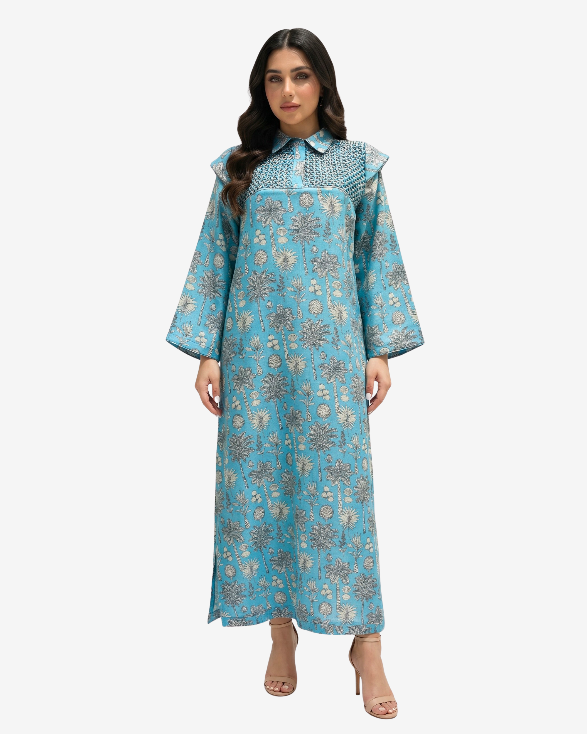 Full-length Coral Oasis modest linen blend jalabiya with botanical print and flounce shoulder detail