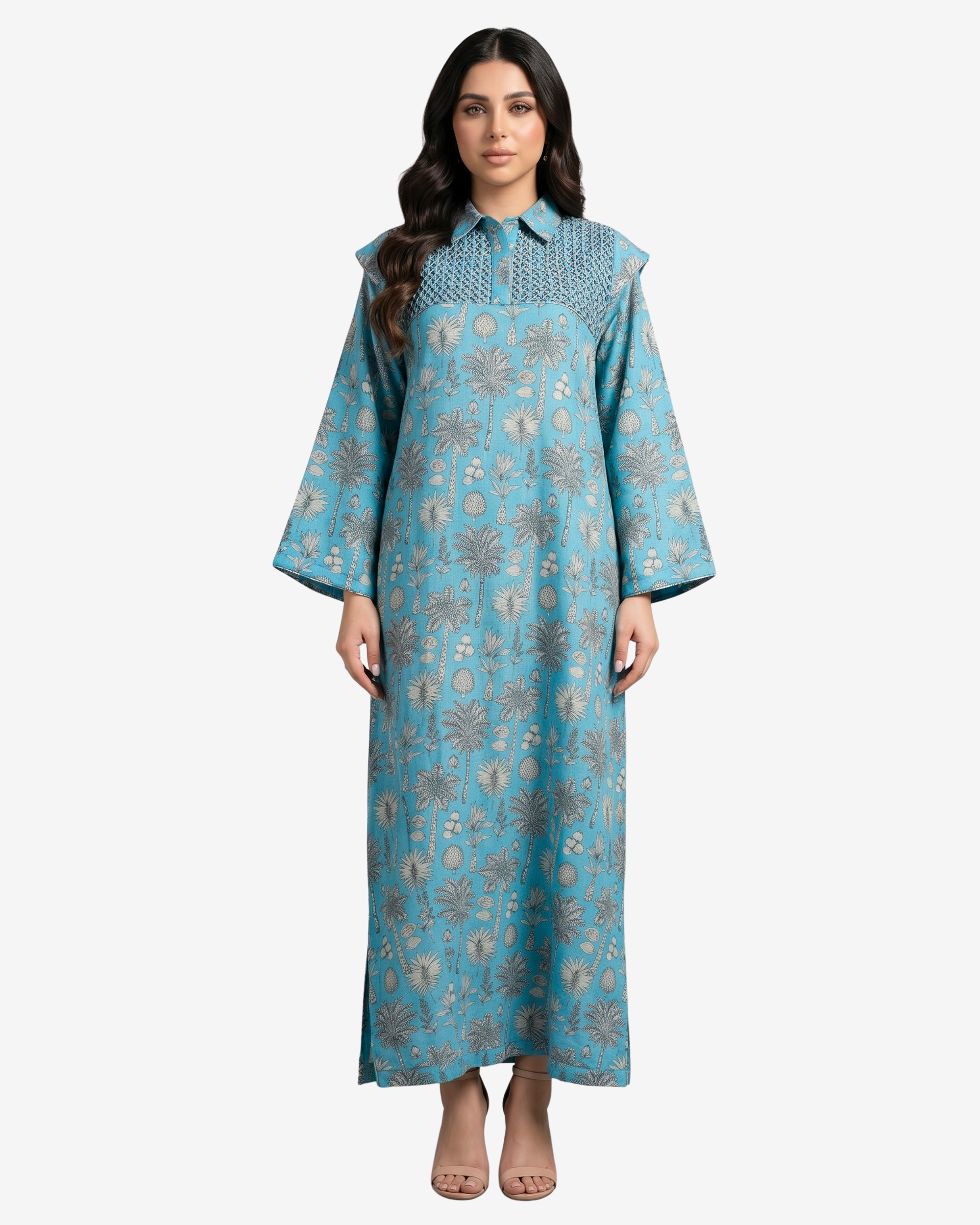 Coral Oasis Flounce Hand Embellished Linen Blend Jalabiya with tropical botanical print by Gharza Couture