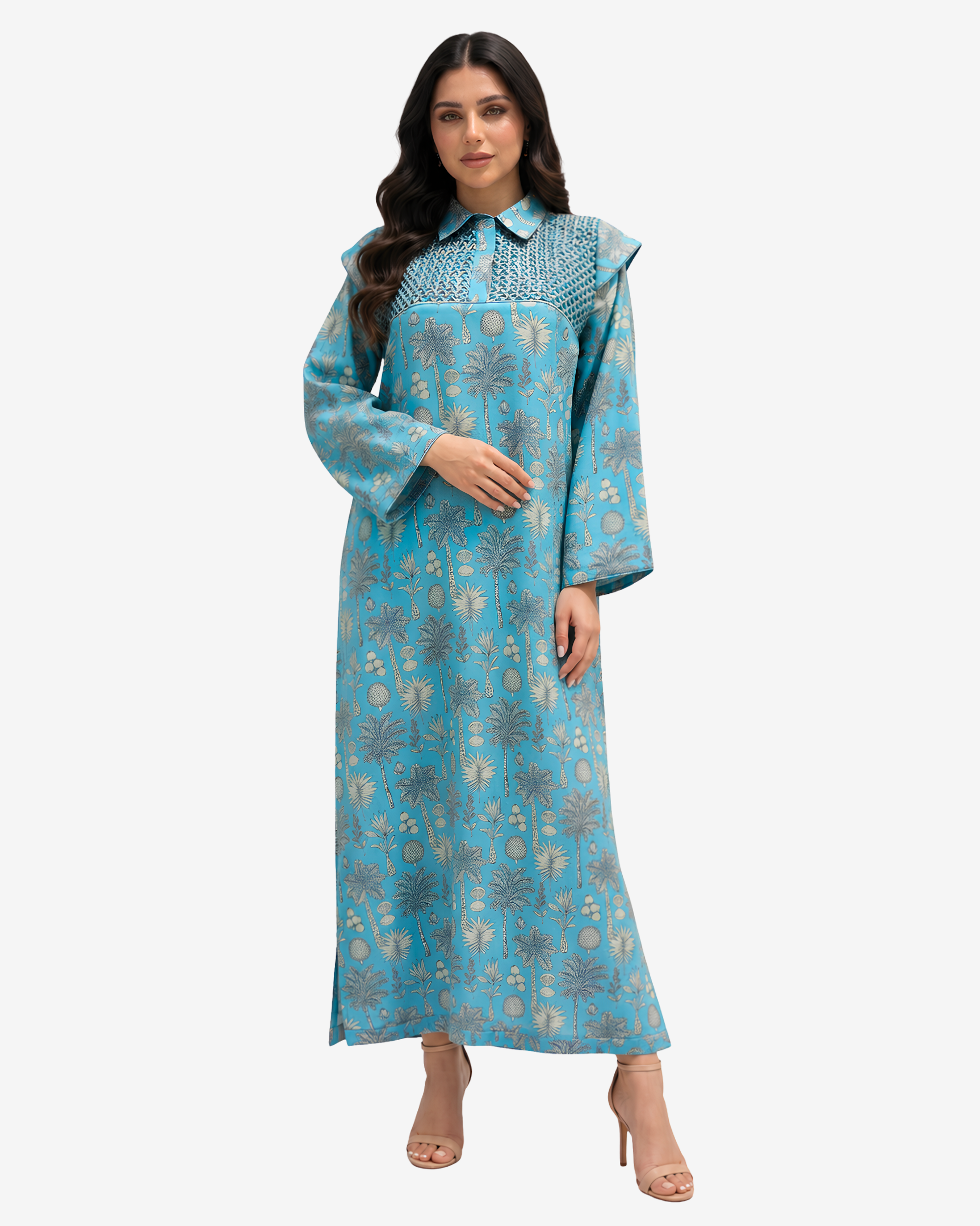 Front view of Coral Oasis luxury linen blend jalabiya featuring hand embellishment and flounce shoulders