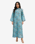 Full-length Coral Oasis modest linen blend jalabiya with botanical print and flounce shoulder detail