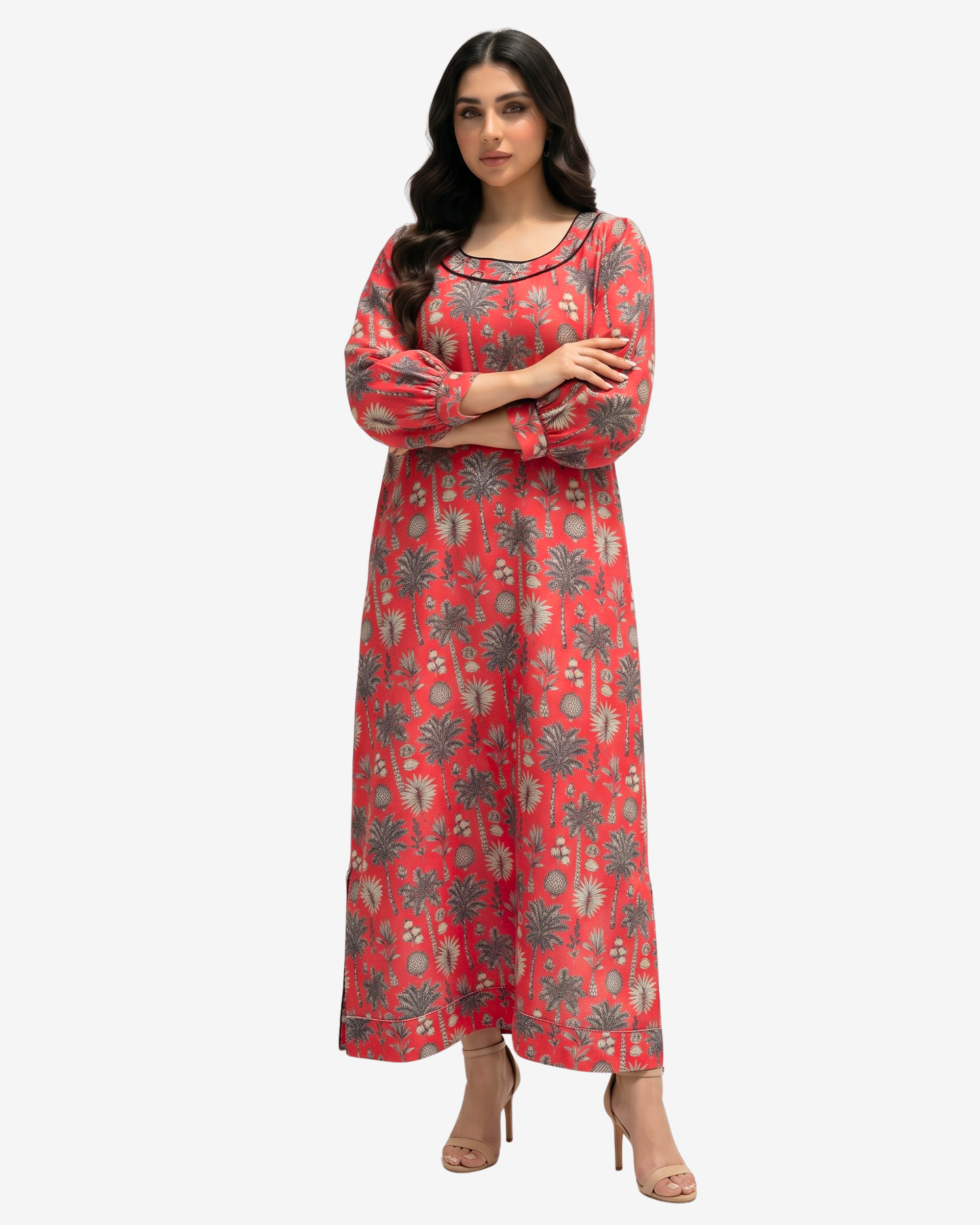 Front view of the Coral Oasis Hand Embellished Linen Blend Jalabiya showcasing the colorful tropical floral print, elegant long sleeves, and relaxed modest fit by Gharza Couture.