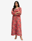 Front view of the Coral Oasis Hand Embellished Linen Blend Jalabiya showcasing the colorful tropical floral print, elegant long sleeves, and relaxed modest fit by Gharza Couture.