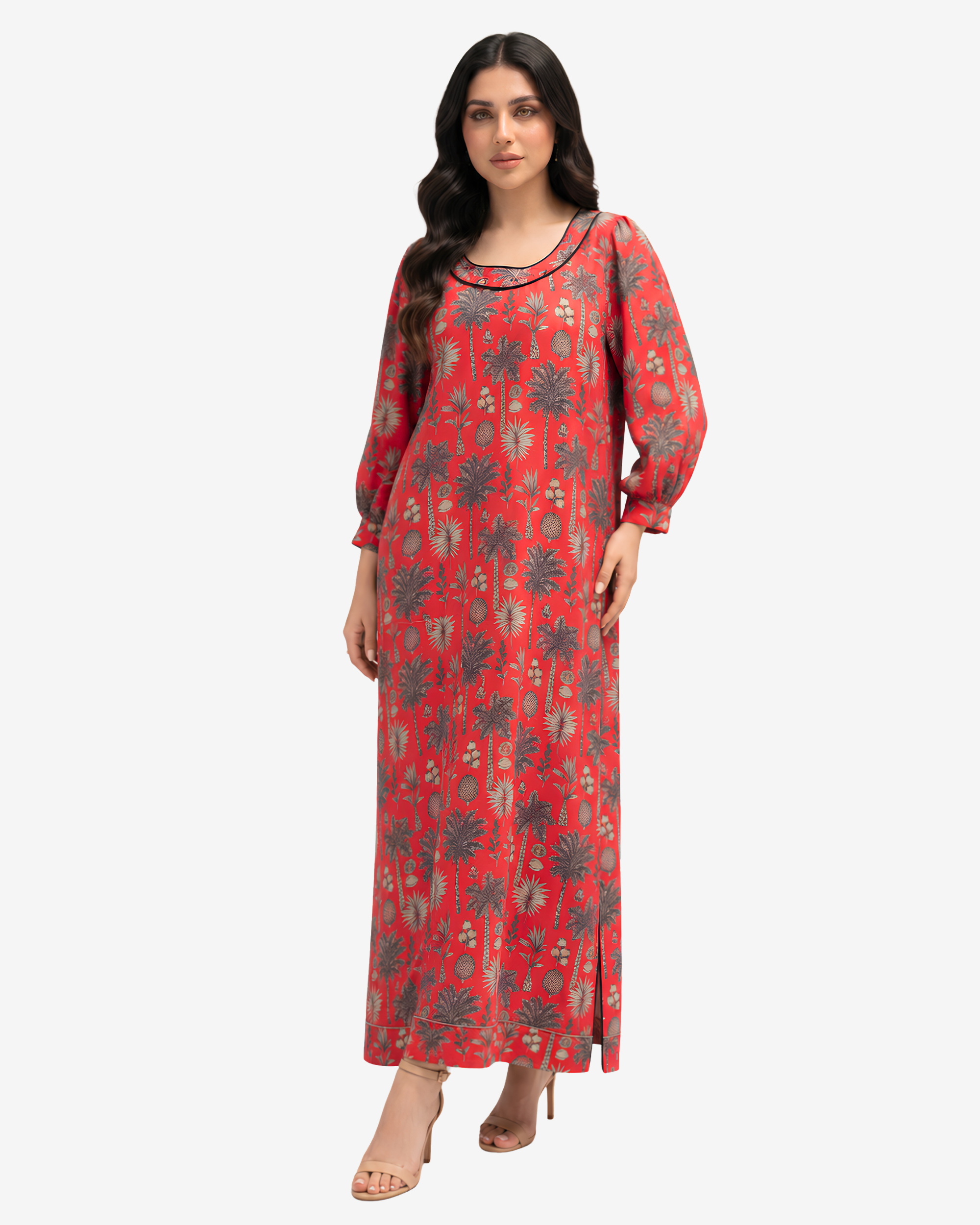 Three-quarter view of the Coral Oasis Hand Embellished Linen Blend Jalabiya highlighting the premium linen blend fabric, tropical botanical design, and flowing full-length silhouette.
