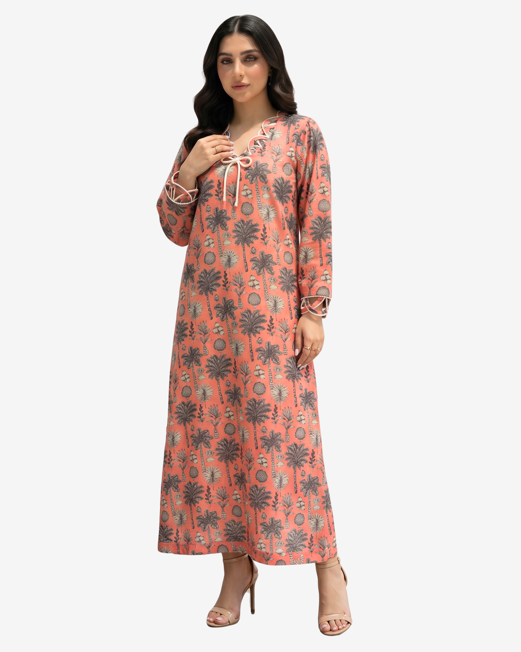 Three-quarter view of Coral Oasis tropical print linen blend jalabiya for women