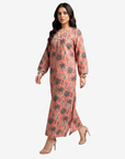 Full-length Coral Oasis linen blend jalabiya with rope trim neckline and front bow