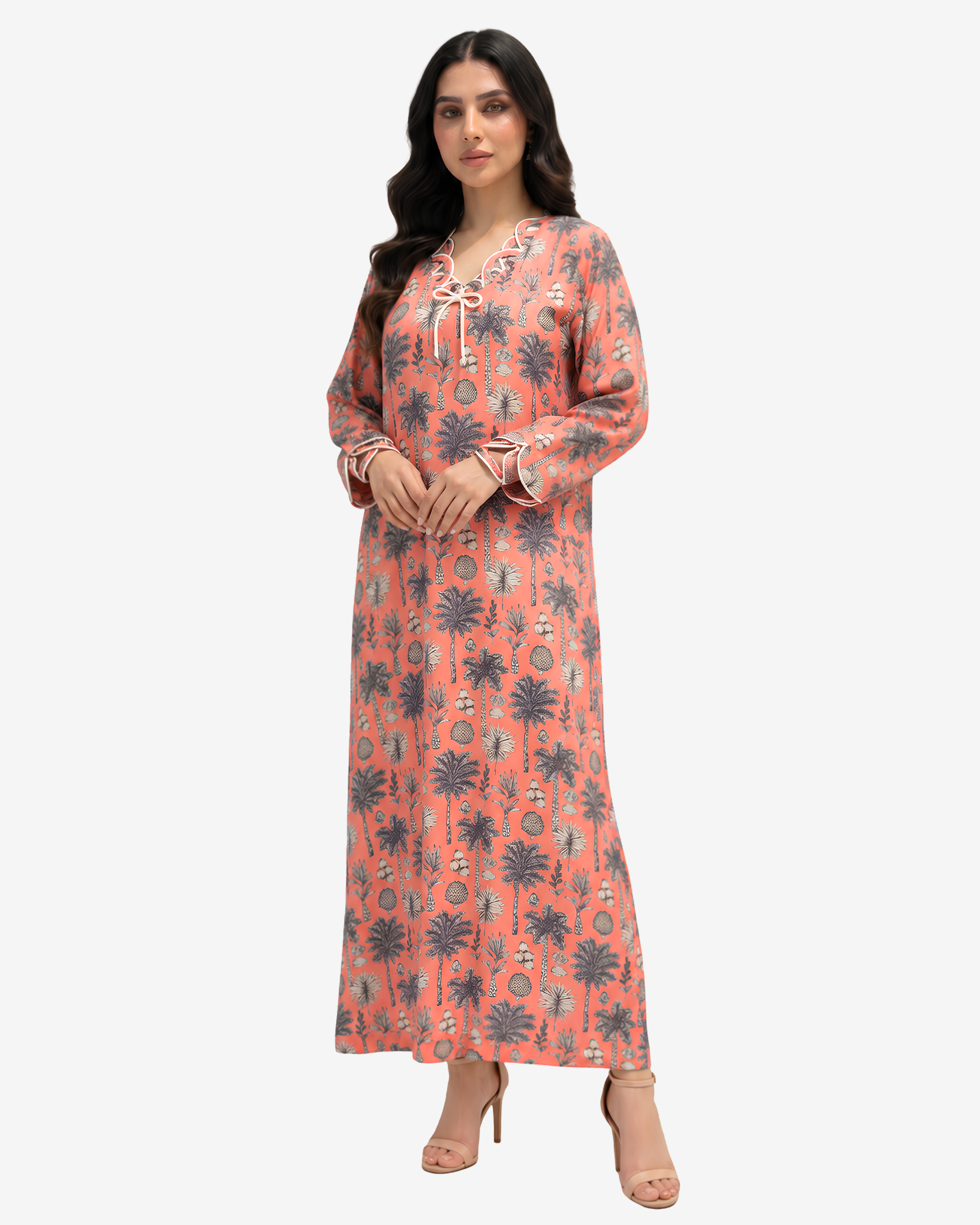 Side view of Coral Oasis luxury linen blend jalabiya with botanical palm print