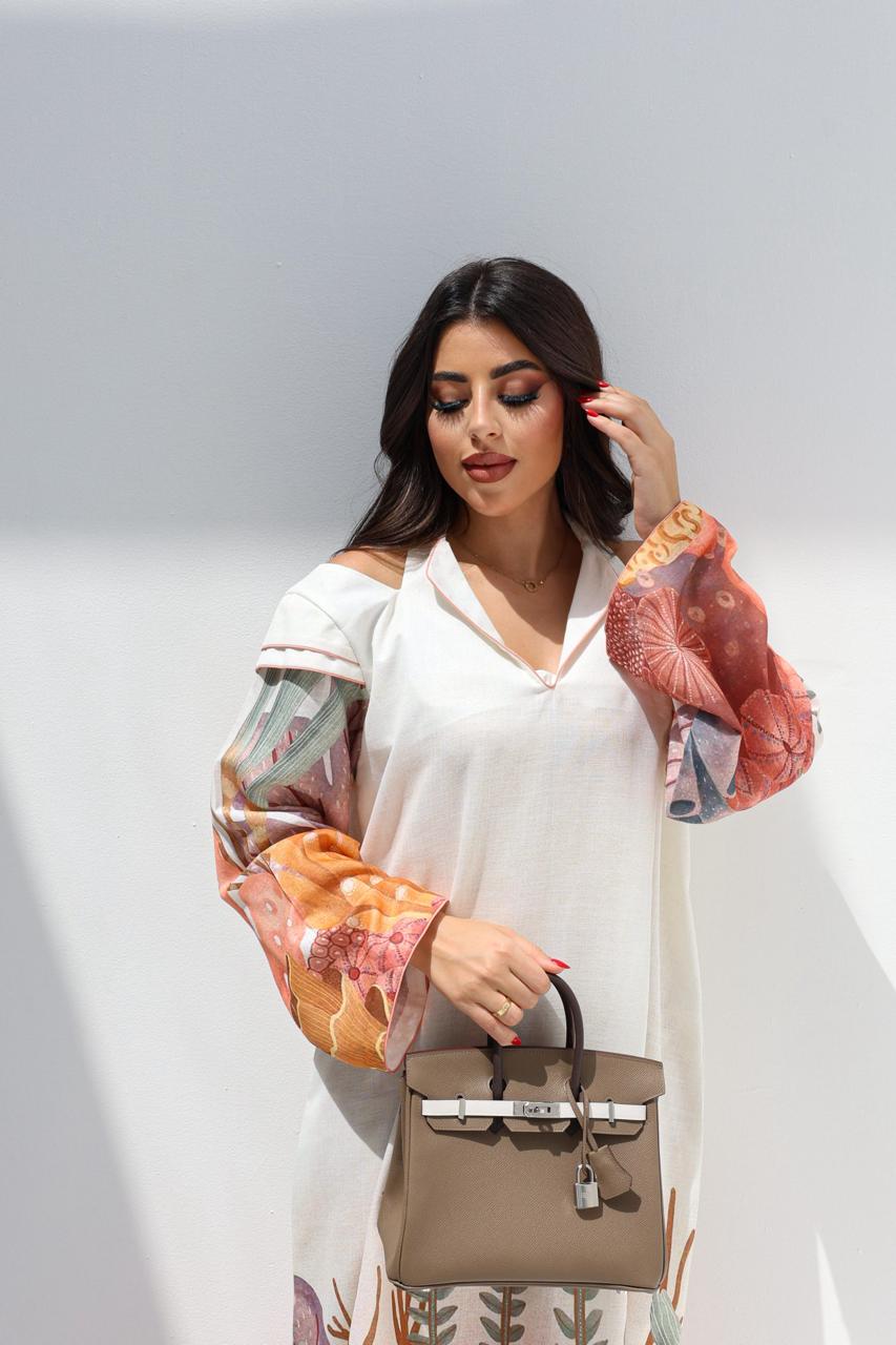 Coral Botanical Linen Blend Dress featuring elegant coral floral artwork