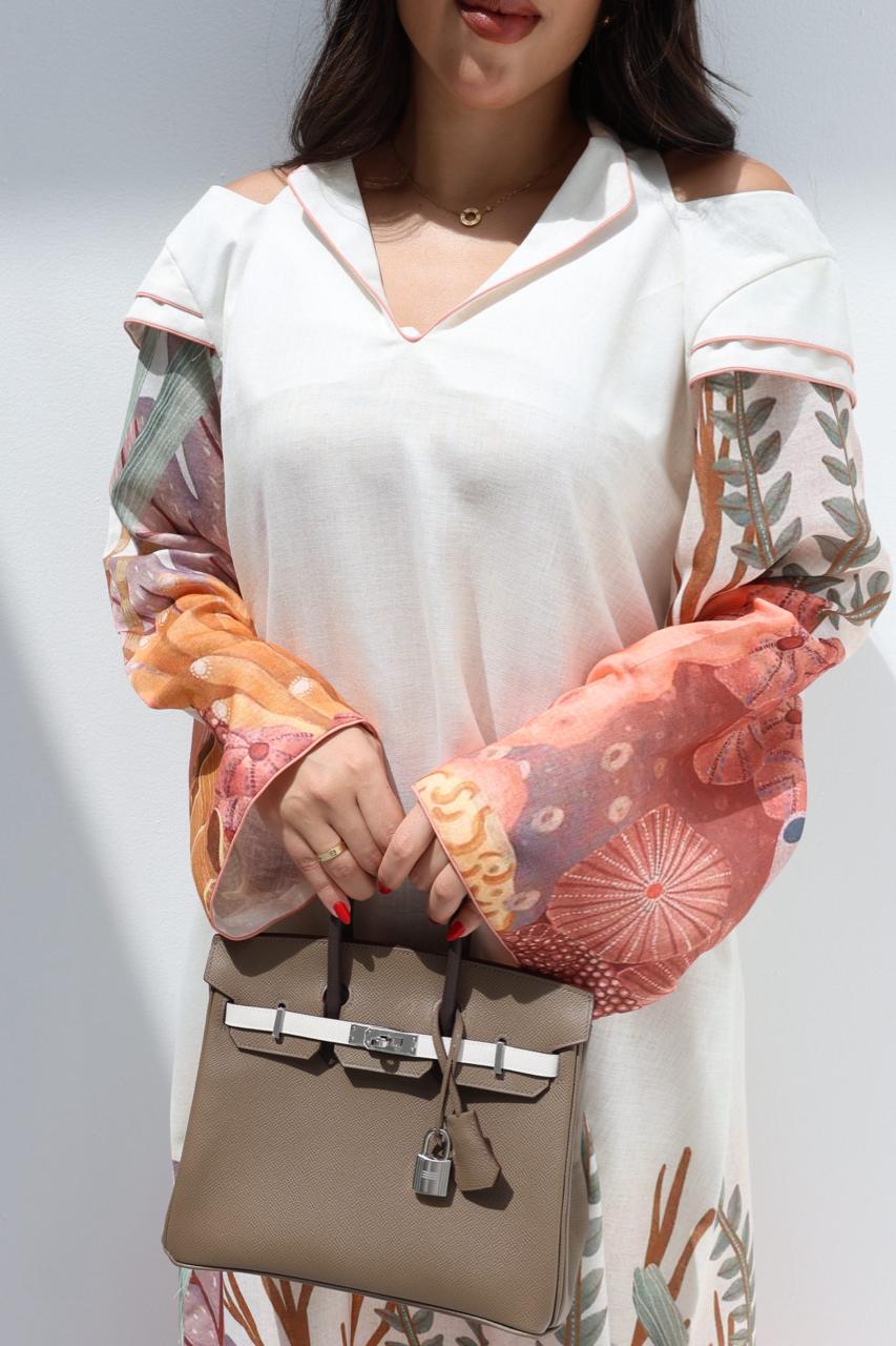 Botanical floral print detail on Coral Botanical Linen Blend Dress