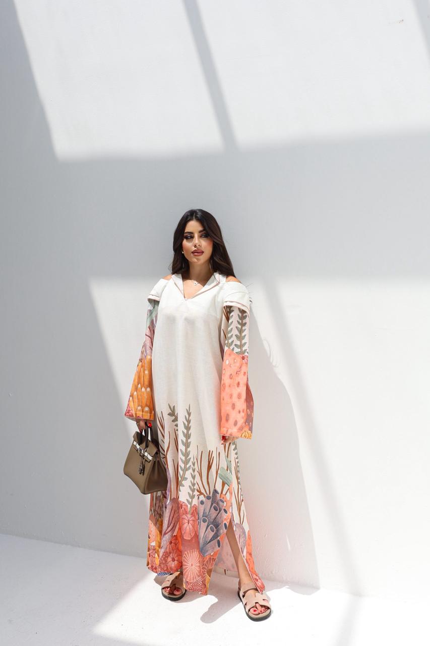 Full length view of Coral Botanical Linen Blend Dress by Gharza Couture