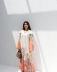 Full length view of Coral Botanical Linen Blend Dress by Gharza Couture