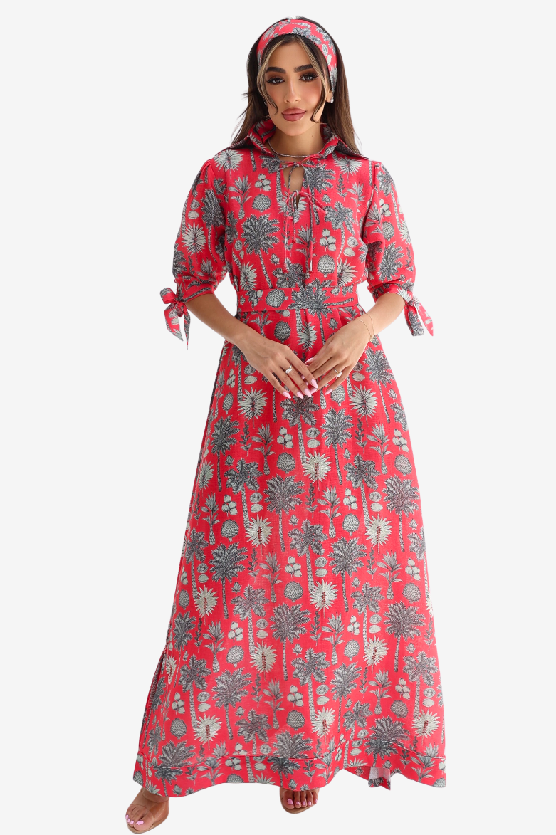 Coral Oasis Hand Embellished Linen Blend Dress with tropical palm print