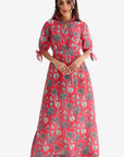 Coral Oasis Hand Embellished Linen Blend Dress with tropical palm print