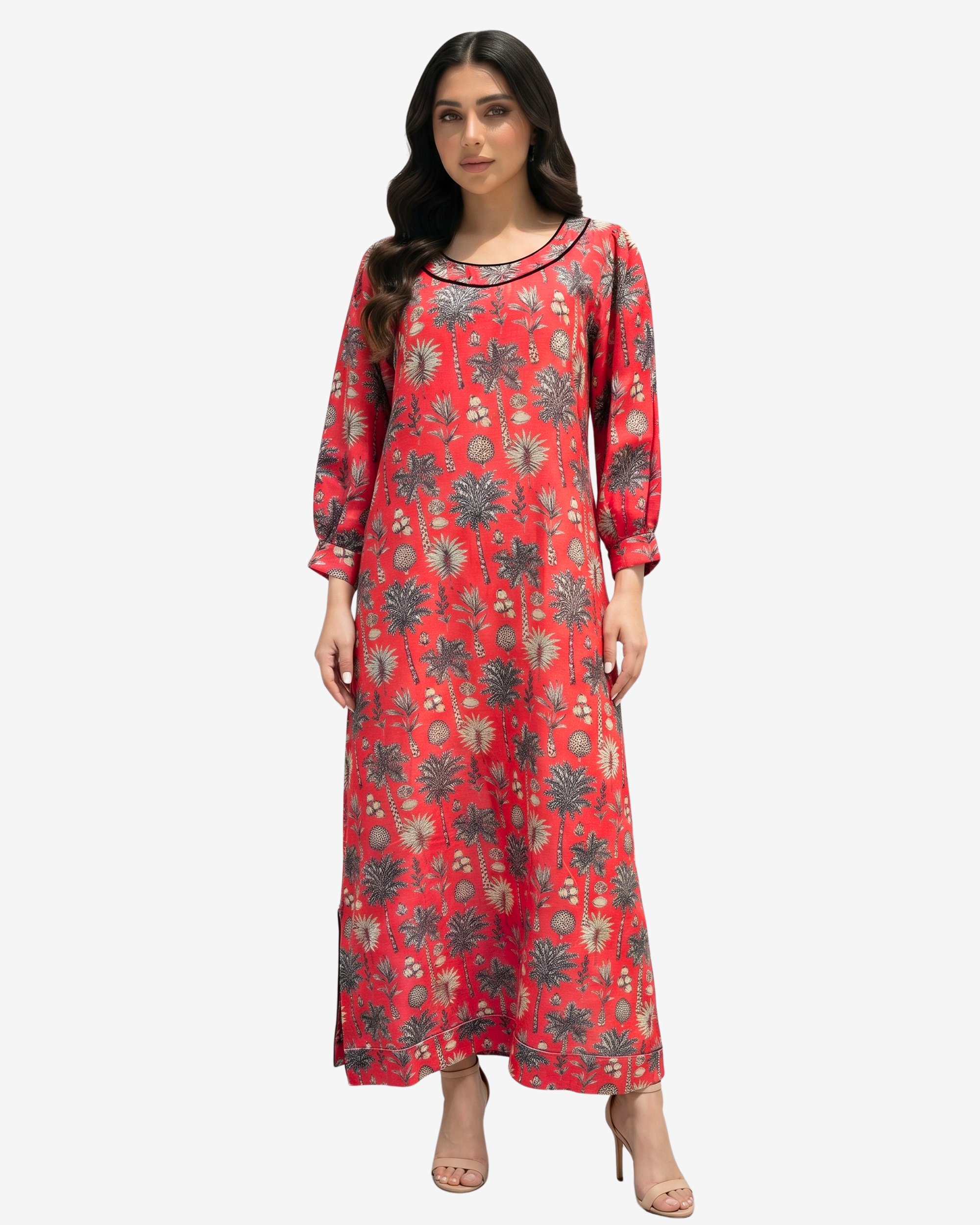 Coral Oasis Hand Embellished Linen Blend Jalabiya by Gharza Couture featuring a vibrant tropical botanical print, hand embellished neckline, and full-length modest silhouette.