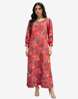 Coral Oasis Hand Embellished Linen Blend Jalabiya by Gharza Couture featuring a vibrant tropical botanical print, hand embellished neckline, and full-length modest silhouette.