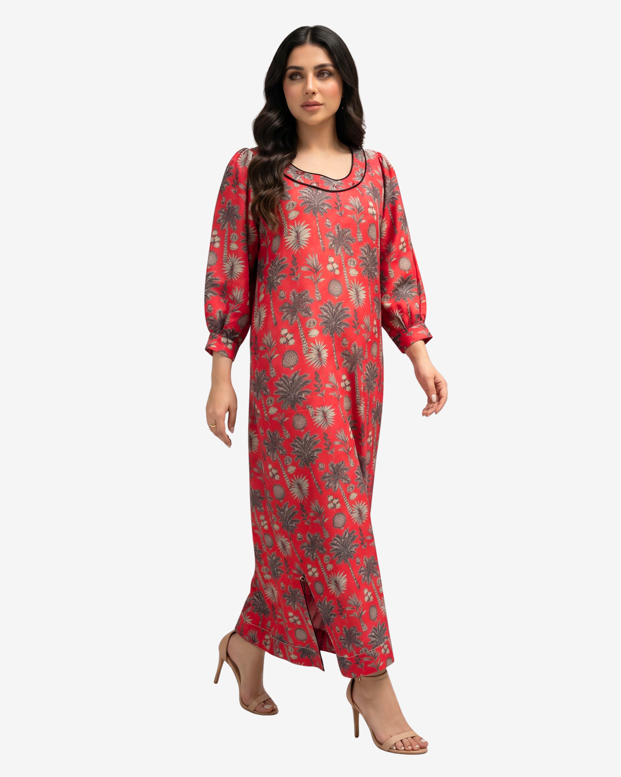 Full-length Coral Oasis Hand Embellished Linen Blend Jalabiya with vibrant coral botanical print, handcrafted embellished neckline, and timeless modest elegance by Gharza Couture.