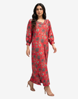 Full-length Coral Oasis Hand Embellished Linen Blend Jalabiya with vibrant coral botanical print, handcrafted embellished neckline, and timeless modest elegance by Gharza Couture.