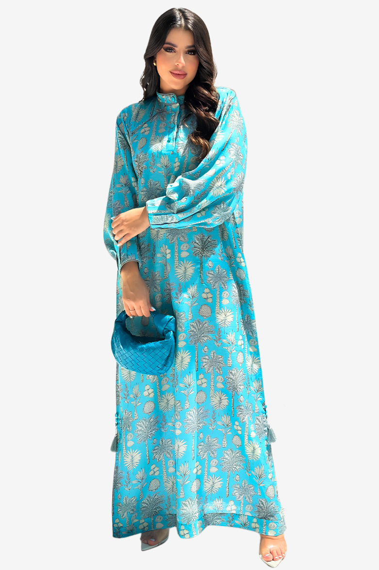 Coral Oasis Mandarin Collar Linen Blend Jalabiya featuring tropical botanical print and elegant mandarin collar