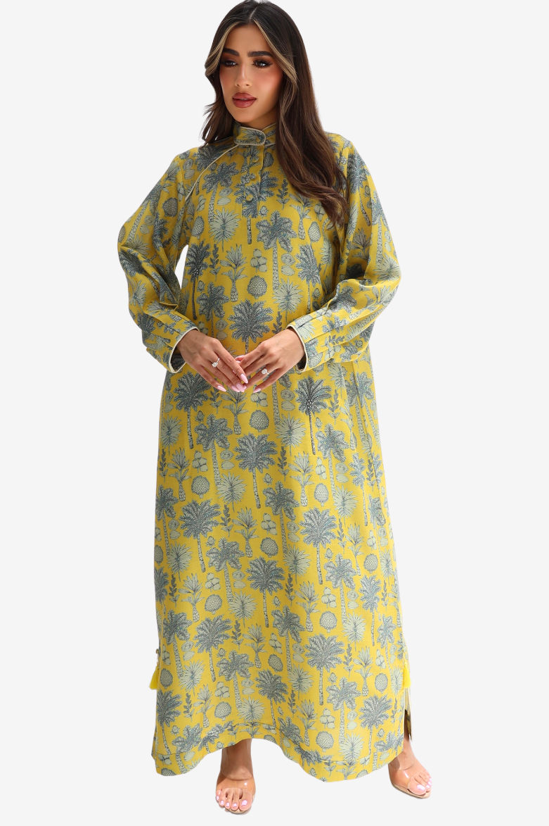 Coral Oasis Mandarin Collar Linen Blend Jalabiya featuring tropical botanical print and elegant mandarin collar