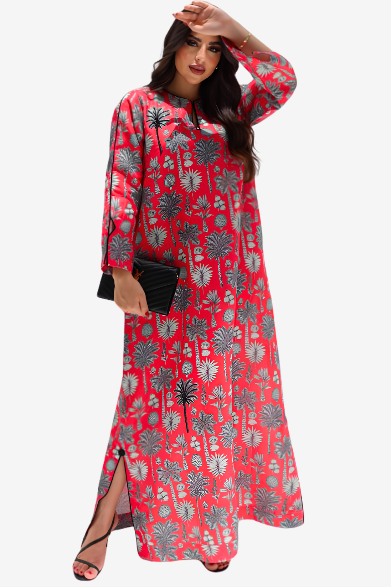 Coral Oasis Scatter Embellished Linen Blend Jalabiya with subtle hand embellished palm print