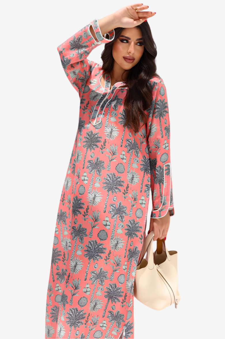 Coral Oasis linen blend jalabiya with tropical botanical print and contrast trim